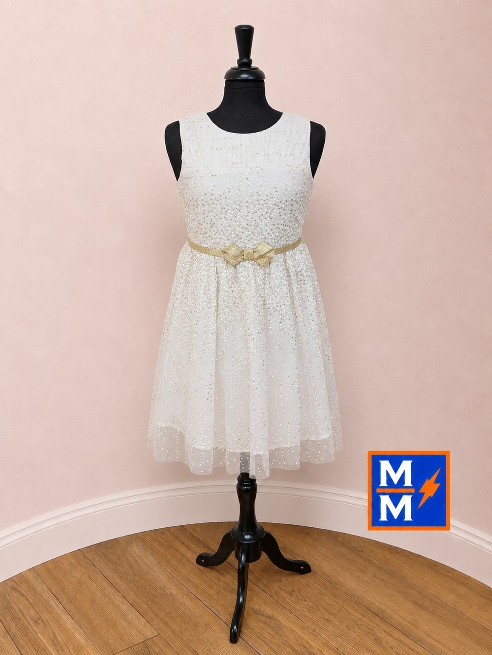 Joan Michelle White & Gold Sparkle Party Dress w/ Matching Veil Girls 12